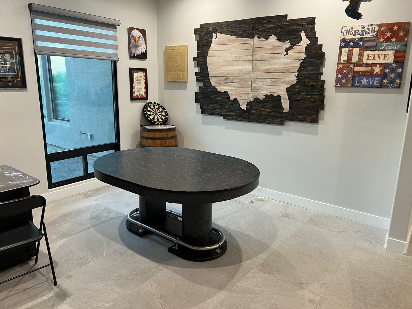 Custom-built dining top that converts a poker table into a versatile surface with dining top on.