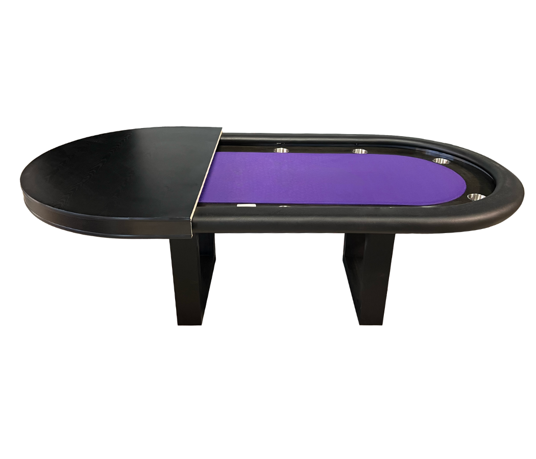 Removable dining cover in transition on a custom poker table for easy conversion.