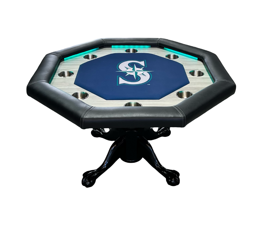 High-end Pinedale poker table built for home games and tournament play for the Seattle Mariners baseball.