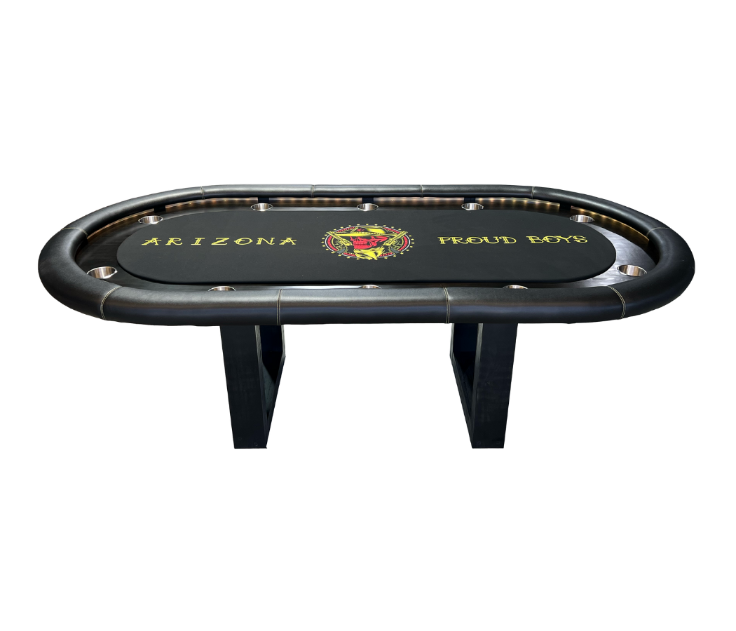 Premium Tombstone poker table with a durable vinyl rail and integrated chip trays.