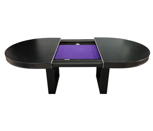 Custom poker table with a dining top partially placed, showing its convertible design.